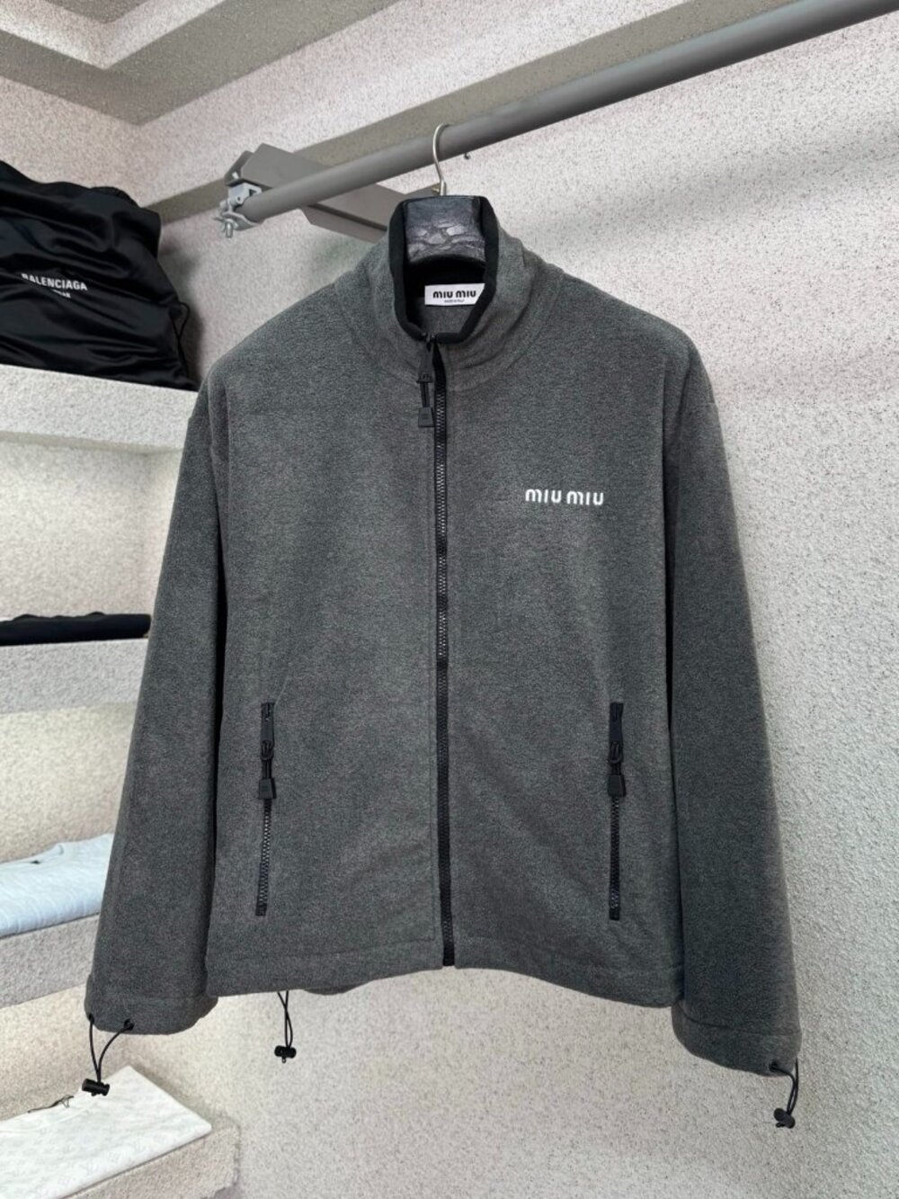 Miu Miu Heather Grey Fleece Full Zip Stand Collar Jacket Chest Logo Unisex